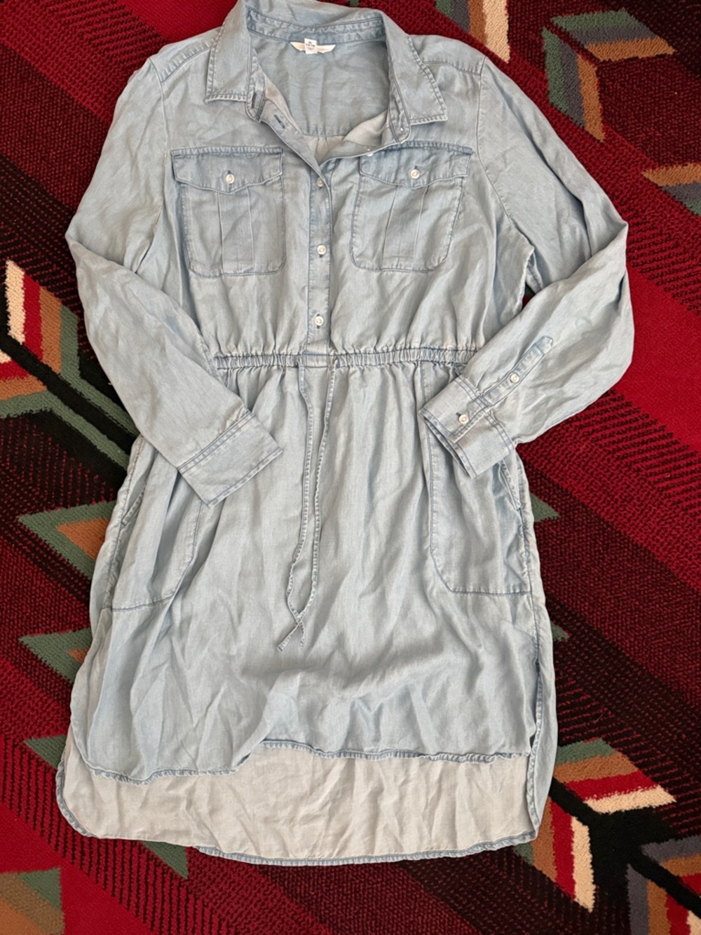 Light Wash Chambray Shirt Dress - Drawstring Waist